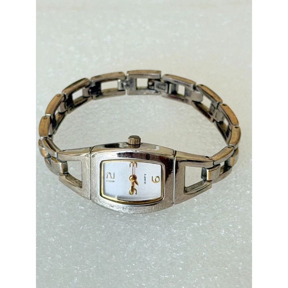 Vintage Silver Tone Open Link Bracelet Watch Gold Accent Japan Movt V377